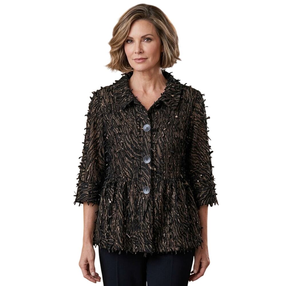 DAMEE INC Women's Mesh Sheer Shaggy Jacket Blazer Medium Black Gold Glam Artsy